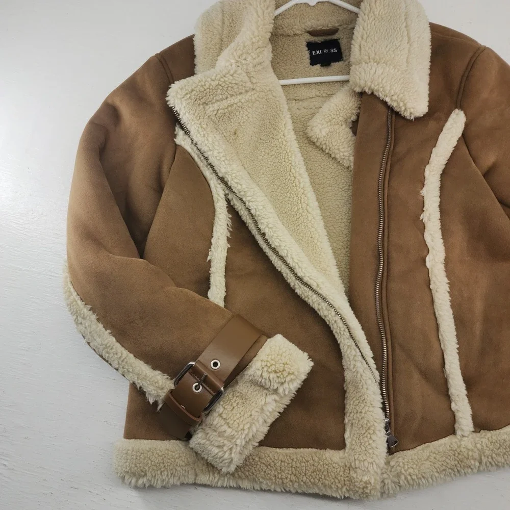 Express Large | Brown Faux Suede Shearling Moto Jacket Aviator‎ Winter Coat